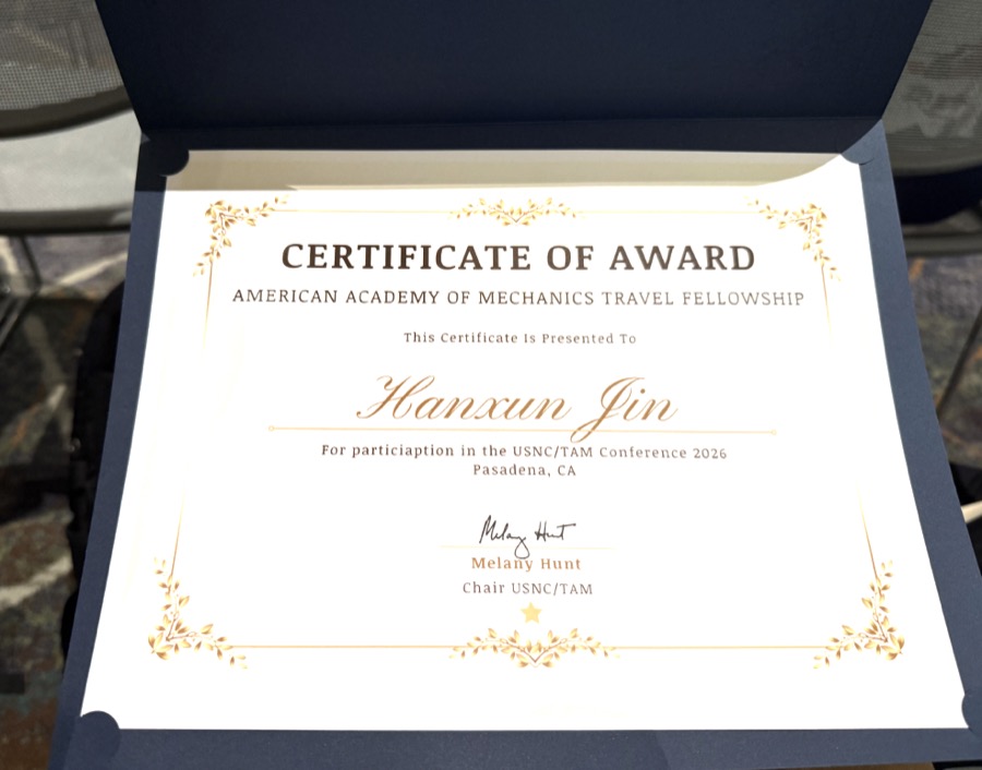 American Academy of Mechanics Travel Fellowship Certificate awarded to Hanxun Jin at USNC/TAM 2026