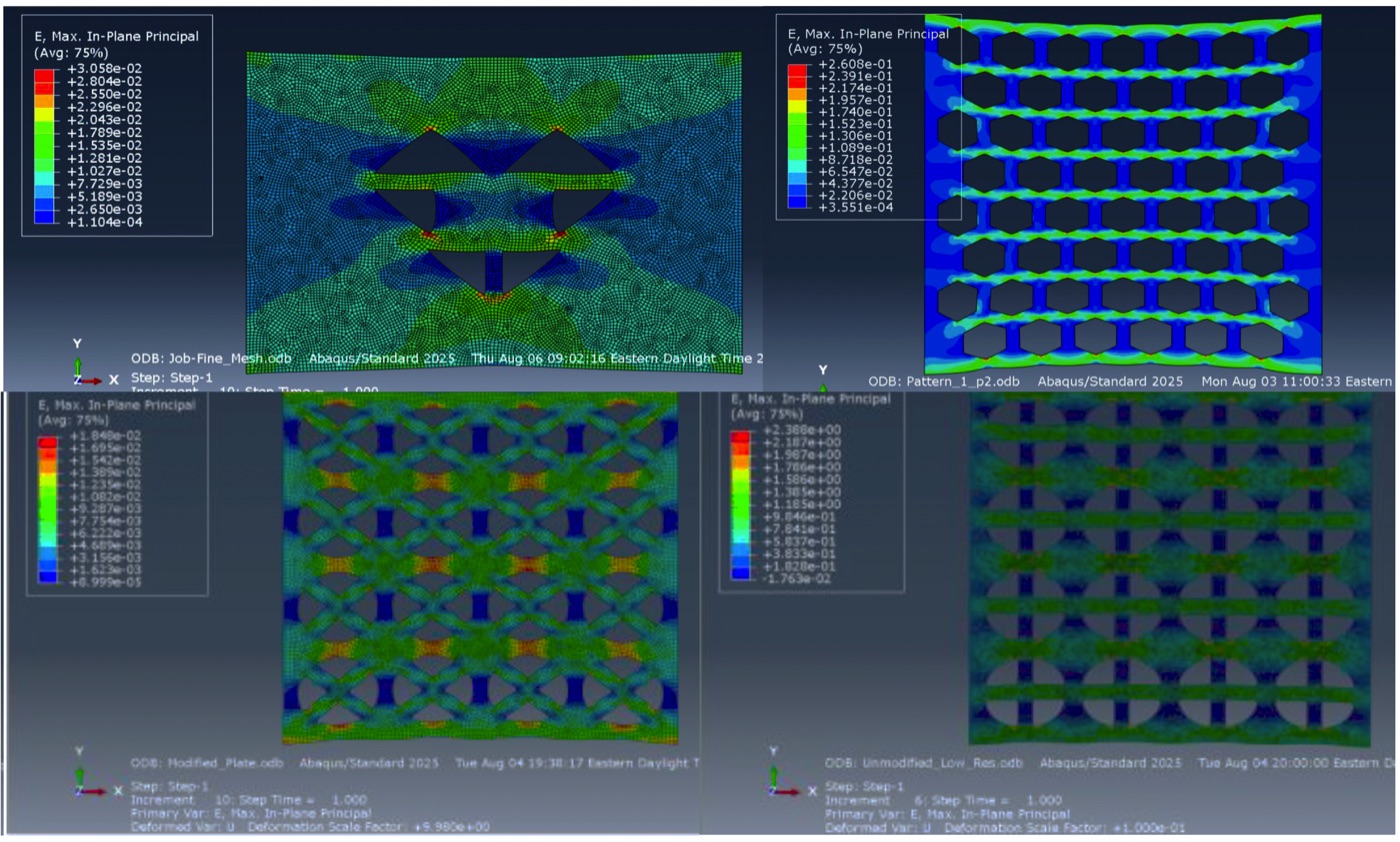 Student ABAQUS results from the MECH 2030 2D metamaterial design project